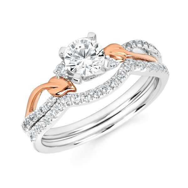 14k White & Rose Gold Bridal Set - Modern Bridal: 1/10 Ctw. Diamond Semi Mount shown with 1/2 Ct. Round Center Diamond in 14K Gold 1/6 Ctw. Diamond Wedding Band in 14K Gold Items also available to purchase separately