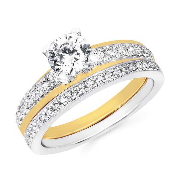 14k Yellow & White Gold Bridal Set - Modern Bridal: 1/4Ctw. Diamond Semi Mount shown with 3/4Ct. Round Center Diamond in 14K Gold 1/8 Ctw. Diamond Wedding Band in 14K Gold Items also available to purchase separately