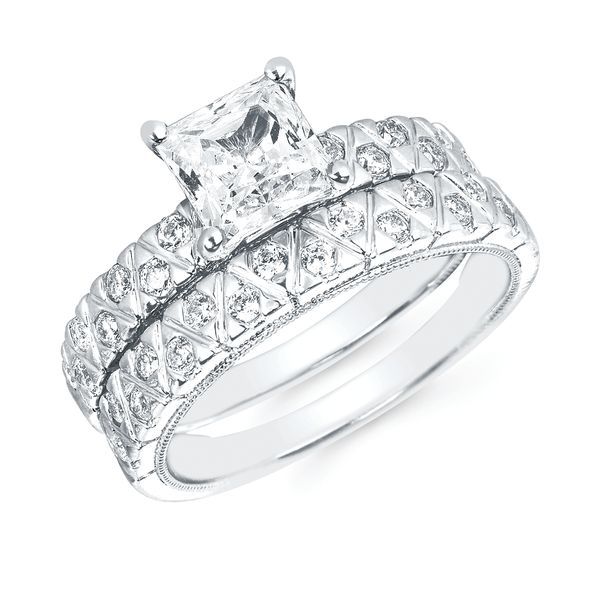 14k White Gold Bridal Set - Classic Bridal: 1/4Ctw. Diamond Semi Mount shown with 1.25Ct. Princess Center Diamond in 14K Gold 1/4 Ctw. Diamond Wedding Band in 14K Gold Items also available to purchase separately