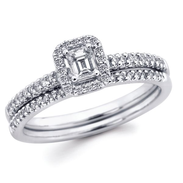 14k White Gold Bridal Set - Halo Bridal: 1/8 Ctw. Diamond Halo Semi Mount available for 1/5 Ct. Emerald Cut Center Diamond in 14K Gold .07 Ctw. Diamond Wedding Band in 14K Gold Items also available to purchase separately