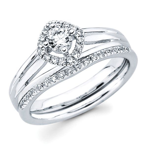 14k White Gold Bridal Set - Modern Bridal: .08 Ctw. Diamond Halo Split Shank Semi Mount available for 1/4 Ct. Round Center Diamond in 14K Gold 1/10 Ctw. Diamond Wedding Band in 14K Gold Items also available to purchase separately