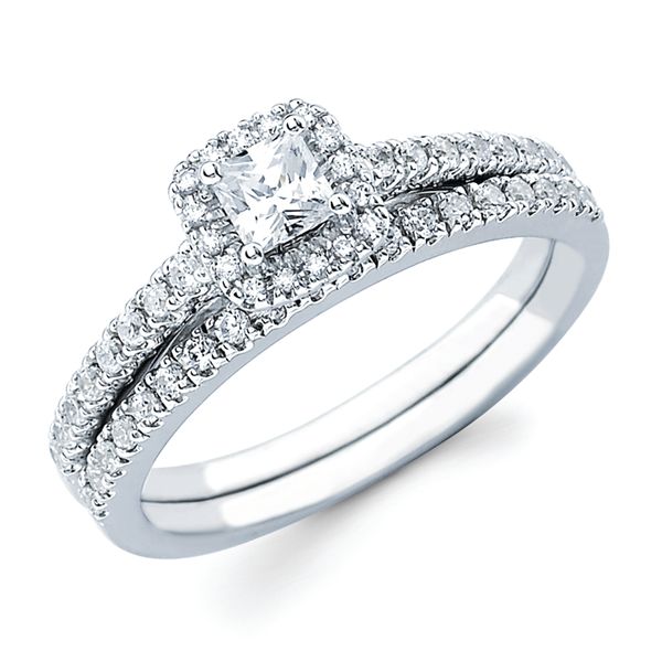 14k White Gold Bridal Set - Halo Bridal: 1/5 Ctw. Diamond Halo Semi Mount available for 1/4 Ct. Princess Cut Center Diamond in 14K Gold 1/6 Ctw. Diamond Wedding Band in 14K Gold Items also available to purchase separately