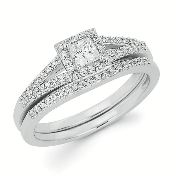 14k White Gold Bridal Set - Halo Bridal: 1/6 Ctw. Diamond Halo Split Shank Semi Mount available for 1/5 Ct. Princess Cut Center Diamond in 14K Gold .08 Ctw. Diamond Wedding Band in 14K Gold Items also available to purchase separately