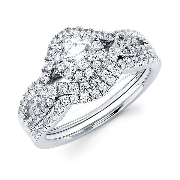 14k White Gold Bridal Set - 5/8 Ctw. Diamond Halo Split Shank Semi Mount available for 3/8 Ct. Round Center Diamond in 14K Gold 1/5 Ctw. Diamond Wedding Band in 14K Gold Items also available to purchase separately