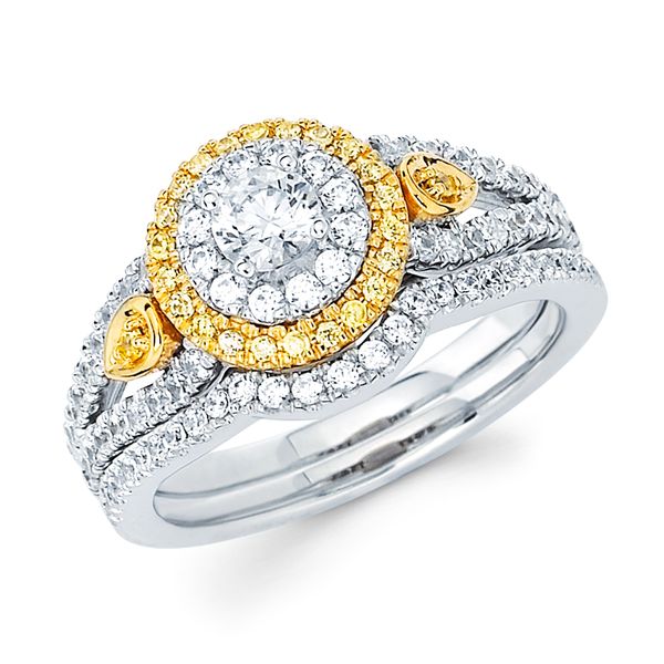 14k White & Yellow Gold Bridal Set - Modern Bridal: 5/8 Ctw. Natural Yellow & White Diamond Halo Split Shank Semi Mount available for 1/3 Ct. Round Center Diamond in 14K Gold 1/6 Ctw. Diamond Wedding Band in 14K Gold Items also available to purchase separately