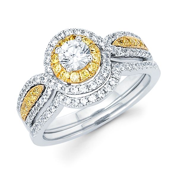 14k White & Yellow Gold Bridal Set - Modern Bridal: 5/8 Ctw. Natural Yellow & White Diamond Halo Semi Mount available for 3/8 Ct. Round Center Diamond in 14K Gold 1/8 Ctw. Diamond Wedding Band in 14K Gold Items also available to purchase separately