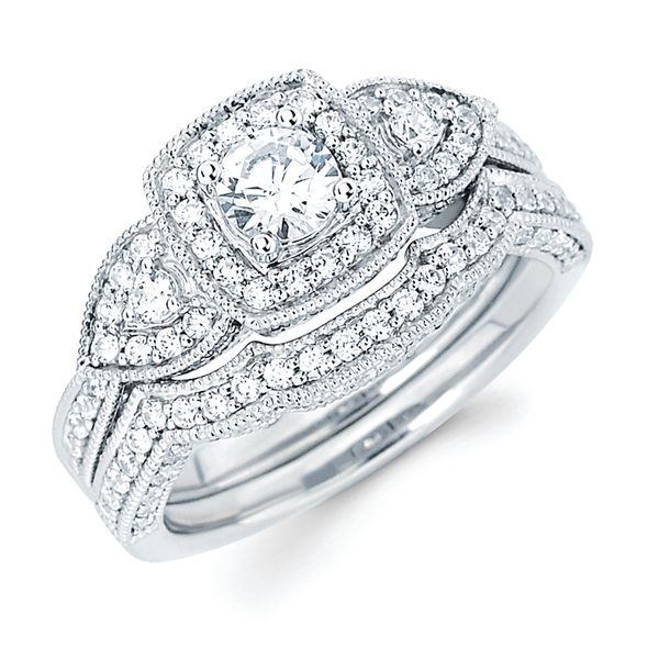 14k White Gold Bridal Set - 1/2 Ctw. Diamond Halo Semi Mount available for 1/3 Ct. Round Center Diamond in 14K Gold 1/4 Ctw. Diamond Wedding Band in 14K Gold Items also available to purchase separately