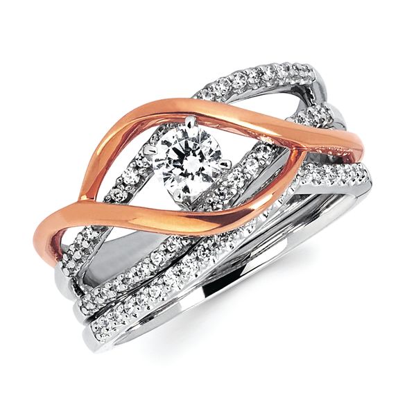14k White & Rose Gold Bridal Set - Modern: 1/5 Ctw. Diamond Semi Mount available for 1/3 Ct. Round Center Diamond in 14K Gold 1/10 Ctw. Diamond Wedding Band in 14K Gold Items also available to purchase separately