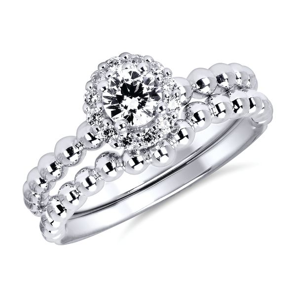 14k White Gold Bridal Set - Modern: 1/6 Ctw. Diamond Semi Mount Shown with 1/3 Round Center Diamond in 14K Gold Wedding Band in 14K Gold Items also available to purchase separately