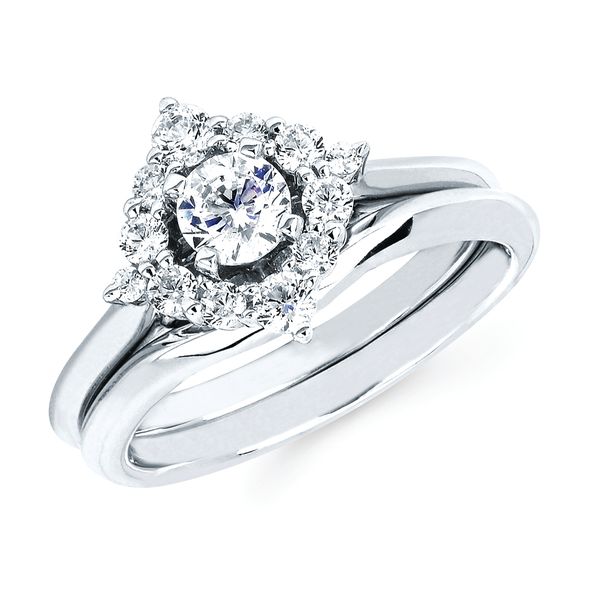 14k White Gold Bridal Set - Halo: 3/8 Ctw. Diamond Semi Mount shown with 1/3 Ct. Round Center Diamond in 14K Gold Wedding Band in 14K Gold Items also available to purchase separately