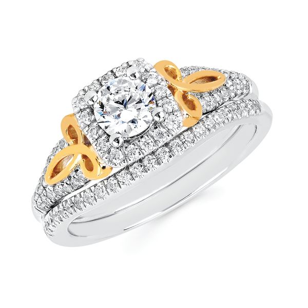 14k White & Yellow Gold Bridal Set - Halo Bridal: 1/5 Ctw. Diamond Halo Semi Mount available for 3/8 Ct. Round Center Diamond in 14K Gold 1/10 Ctw. Diamond Wedding Band in 14K Gold Items also available to purchase separately