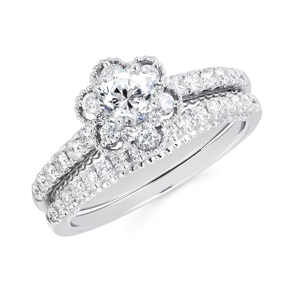 14k White Gold Bridal Set - Halo Bridal: 3/8 Ctw. Diamond Halo Semi Mount available for 1/3 Ct. Round Center Diamond in 14K Gold 1/5 Ctw. Diamond Wedding Band in 14K Gold Items also available to purchase separately