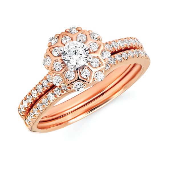 14k Rose Gold Bridal Set - Halo: 1/3 Ctw. Diamond Semi Mount Shown with 1/5 Round Center Diamond in 14K Gold 1/8 ctw. Diamond Wedding Band in 14K Gold Items also available to purchase separately