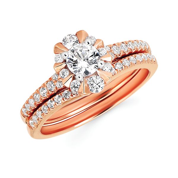 14k Rose Gold Bridal Set - Halo: 1/3 Ctw. Diamond Semi Mount Shown with 1/3 Round Center Diamond in 14K Gold 1/8 ctw. Diamond Wedding Band in 14K Gold Items also available to purchase separately