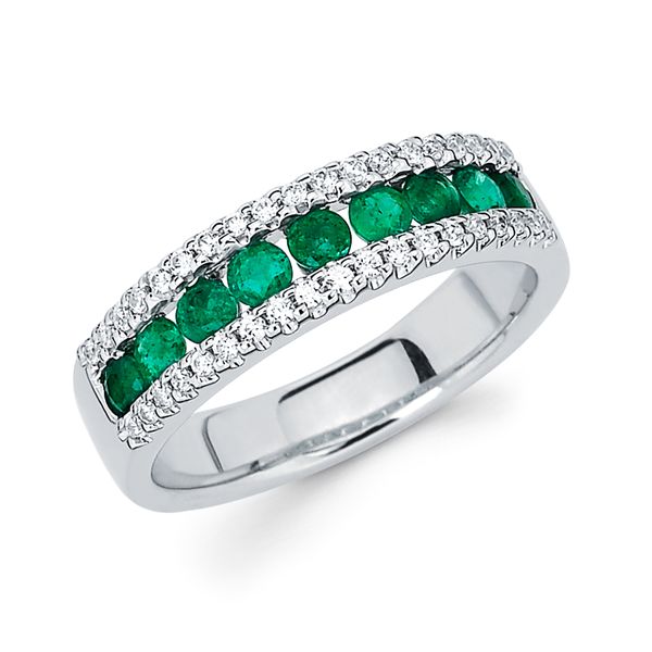 14k White Gold Gemstone Fashion Ring - 9/10 Tgw. Channel Set Emerald and Diamond Fashion Ring in 14K Gold (Includes 1/5 Ctw. Diamonds)