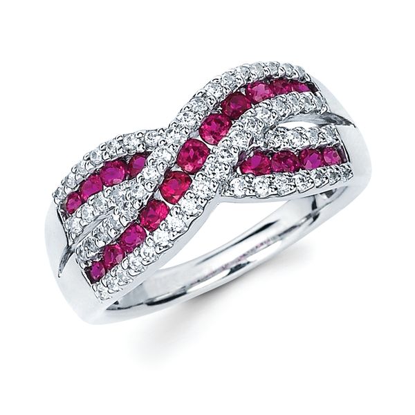 14k White Gold Gemstone Fashion Ring - 1/3 Ctw. Ruby and Diamond Fashion Woven Ring in 14K Gold (Includes 1/3 Ctw. Diamonds)