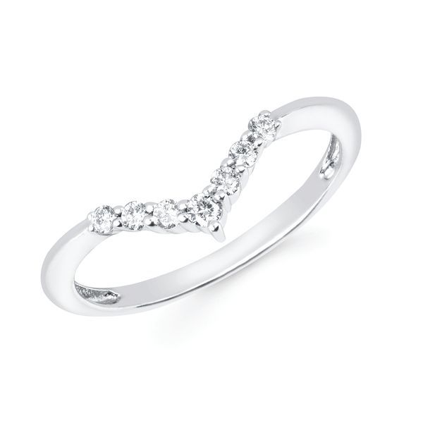 14k White Gold Gemstone Fashion Ring - White Sapphire Stackable Chevron Band in 14K Gold