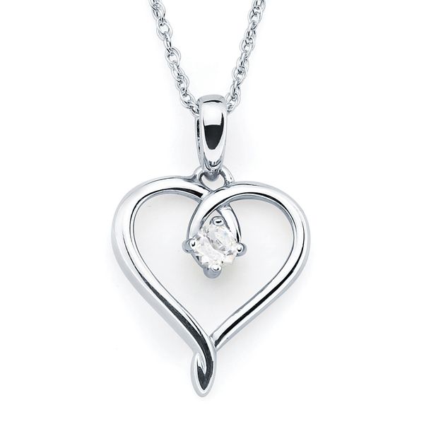 Sterling Silver Heart Pendant - Heart Pendant with White Sapphire Birthstone in Sterling Silver with 18