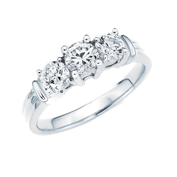 14k Yellow & White Gold Anniversary Band - 1 Ctw. Prong Set 3 Stone Diamond Anniversary Ring in 14K Gold Center Dia .40CT 2 Side Dias .33CT Each
