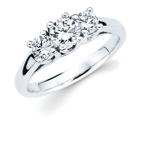 14k White Gold Anniversary Band - 1 Ctw. Prong Set 3 Stone Diamond Anniversary Ring in 14K Gold Center Dia .50CT 2 Side Dias .25CT Each