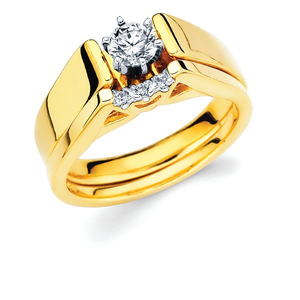14k Yellow Gold Bridal Set - Classic Bridal: Diamond Ring shown with 1/3 Ct. Round Center Stone in 14K Gold .04 Ctw. Diamond Wedding Band in 14K Gold Items also available to purchase separately