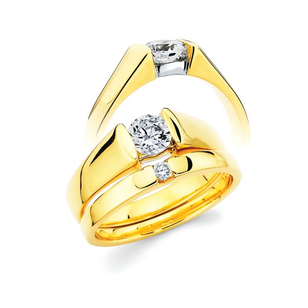 14k Yellow & White Gold Bridal Set - Classic Bridal: Ultrafit® Floating Collection Diamond Ring available for 1/2 Ct. Round Center Stone in 14K Gold Classic Bridal: Ultrafit® Floating Collection .05 Ctw. Diamond Wedding Band in 14K Gold Items also available to purchase separately