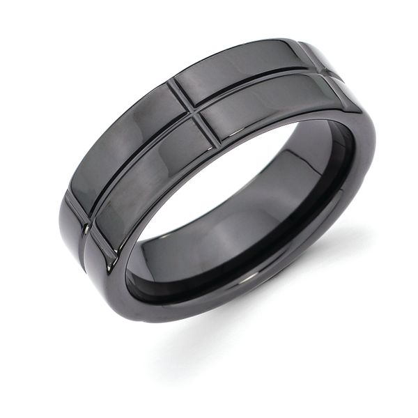 Ceramic Men's Wedding Band - 7mm Ceramic Band with Cross Channel Accent