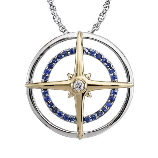 Mixed Sapphire Pendant - Sterling Silver /14K Yellow Gold Blue Sapphire/Diamond Compass Pendant. Pendant does not include a chain unless specified. Total gem weight: 0.15 ct.