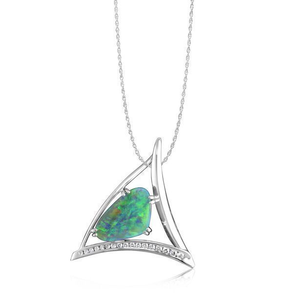 White Gold Black Opal Pendant - 18K White Gold Australian Black Opal/Diamond Pendant. Pendant does not include a chain unless specified. This is a one of a kind piece. Total gem weight: 4.43 ct.