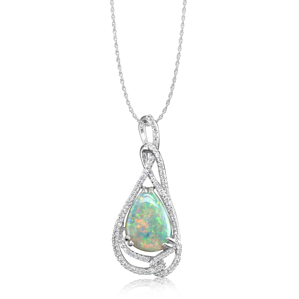 White Gold Natural Light Opal Pendant - 18K White Gold Australian Opal/Diamond Pendant. Pendant does not include a chain unless specified. This is a one of a kind piece. Total gem weight: 2.12 ct.