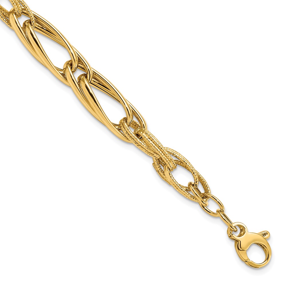 14K Yellow Gold Polished Textured Link Bracelet by Leslie
