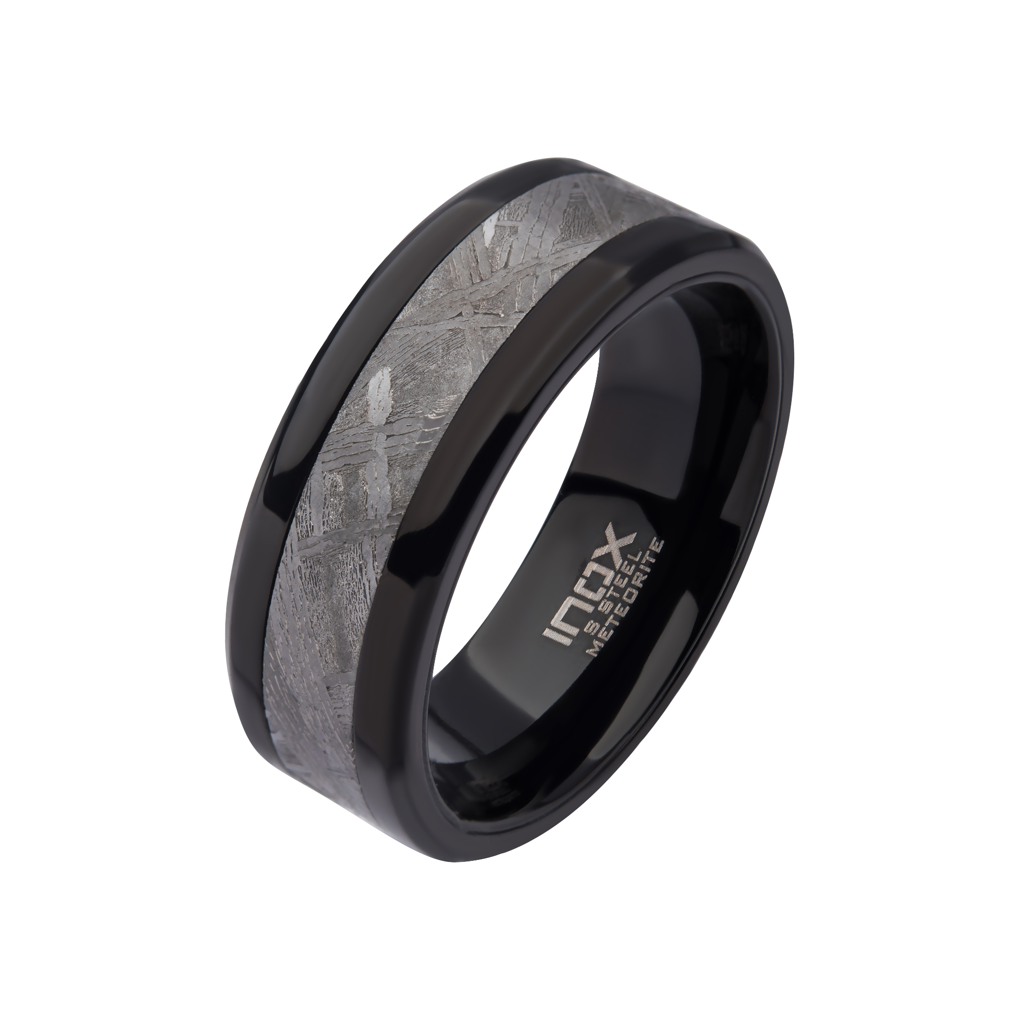 Whiskey Barrel Wood Inlay Black Plated Steel Ring by INOX