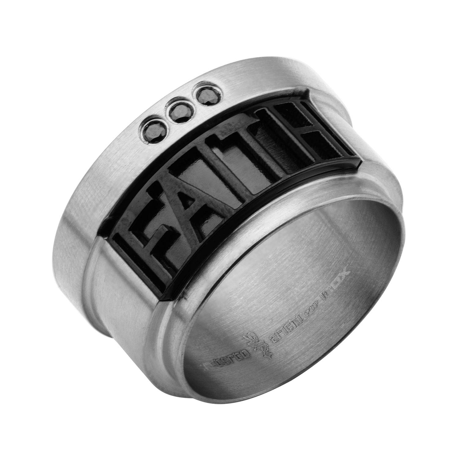 Steel Black IP Cutout "FAITH" in Three Black CZ Band Ring by INOX
