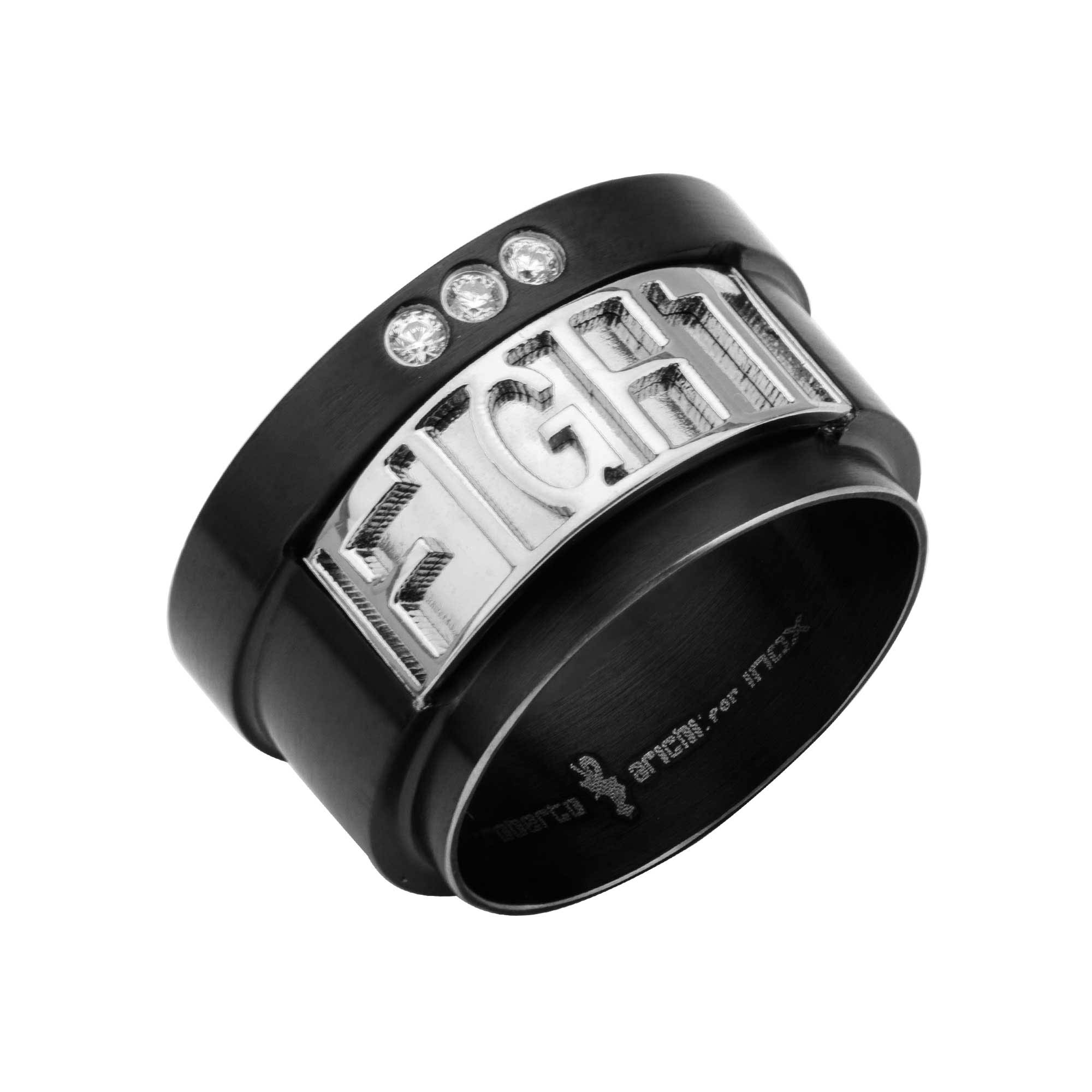 Black IP Steel Cutout "FIGHT" in Three Clear CZ Band Ring by INOX
