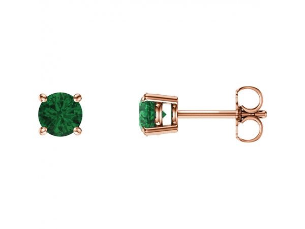 Round Lightweight Wire Basket Earrings - 14K Rose 5 mm Round Lab-Grown Emerald Earrings 