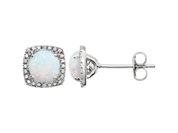 Halo-Style Birthstone Earrings  - Sterling Silver Created Opal & .015 CTW Diamond Earrings