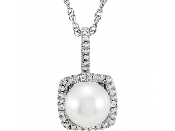 Halo-Style Birthstone Necklace - Sterling Silver 6.5-7 mm Freshwater Cultured Pearl & .015 CTW Diamond 18
