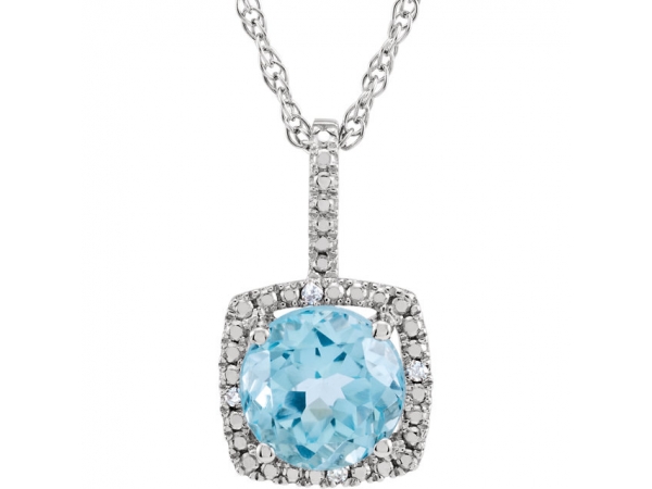 Halo-Style Birthstone Necklace - Sterling Silver 7 mm Sky Blue Topaz & .015 CTW Diamond 18
