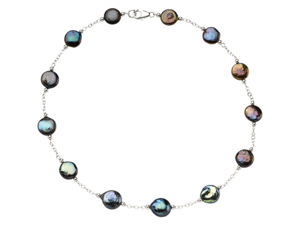 Coin Pearl Station  Necklace  - Sterling Silver Freshwater Cultured Black Coin Pearl 18