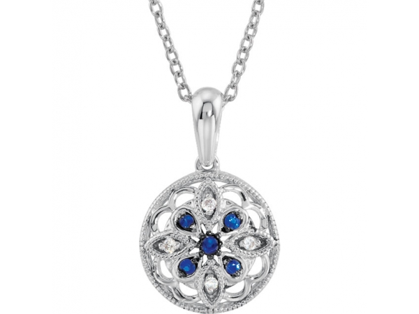 Granulated Filigree Necklace - Sterling Silver Blue Sapphire & .03 CTW Diamond 18