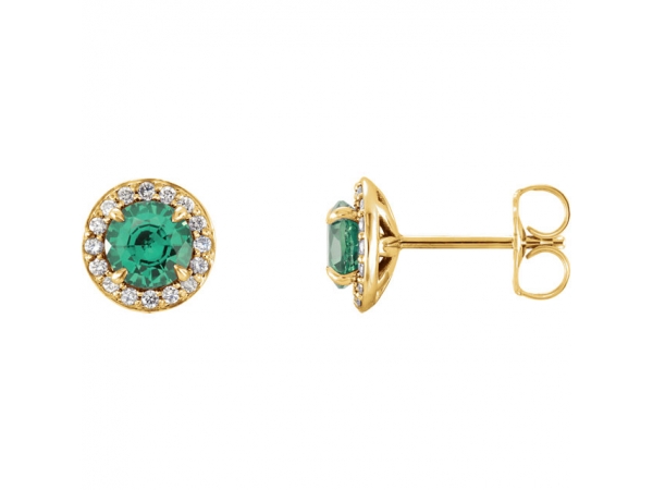 Halo-Style Earrings - 14K Yellow 5 mm Round Lab-Grown Emerald & 1/8 CTW Diamond Earrings