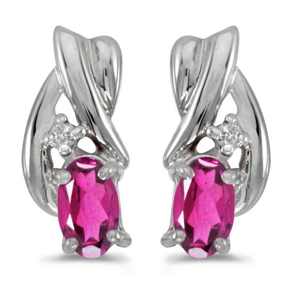 10k White Gold Oval Pink Topaz And Diamond Earrings