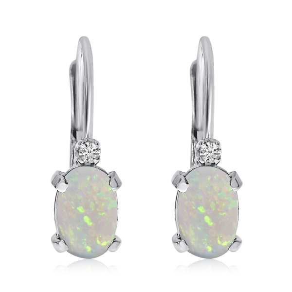14k White Gold Oval Opal and Diamond Leverback Earrings Davidson Jewelers East Moline, IL
