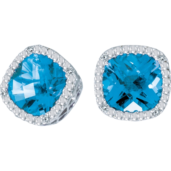 14k White Gold Blue Topaz Cushion and Diamond Earrings Davidson Jewelers East Moline, IL