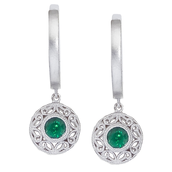 14k White Gold Emerald Filigree Huggy Earrings Davidson Jewelers East Moline, IL