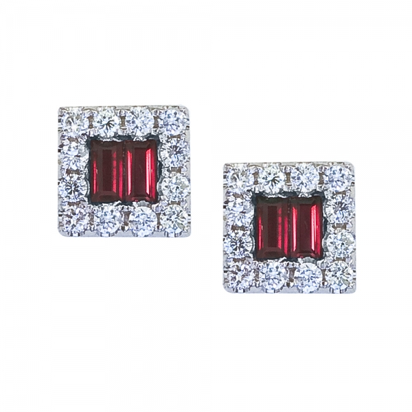 14k White Gold Baguette Ruby and Diamond Square Earrings Davidson Jewelers East Moline, IL