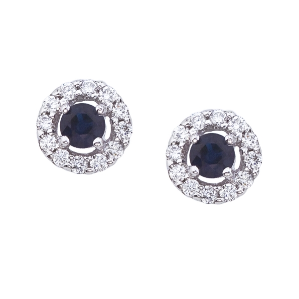 14k White Gold 5mm Round Sapphire and Diamond Earrings Davidson Jewelers East Moline, IL