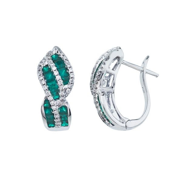 14k White Gold Emerald and Diamond Swirl Earring Davidson Jewelers East Moline, IL
