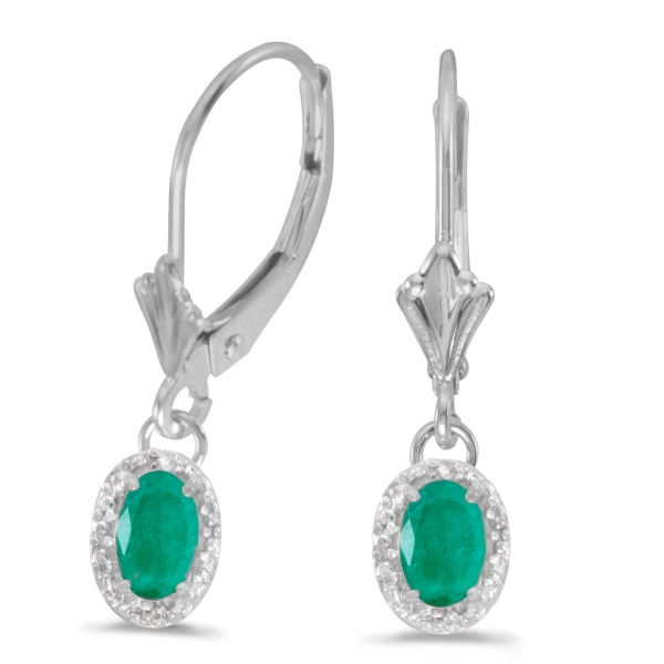 14k White Gold Oval Emerald And Diamond Leverback Earrings Davidson Jewelers East Moline, IL