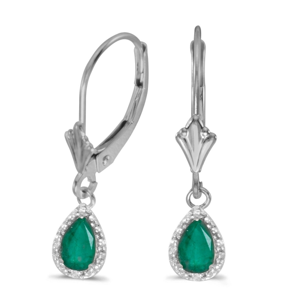 10k White Gold Pear Emerald And Diamond Leverback Earrings Davidson Jewelers East Moline, IL